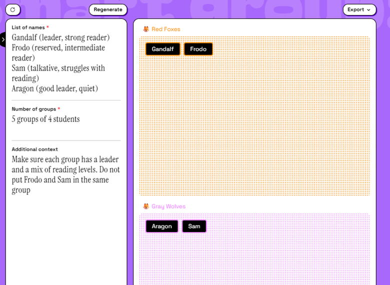 A screenshot of the Small Groups Generator. There are 4 students listed with various character traits (leadership and reading ability), a determination of making 5 groups of 4 students, and an indication to make sure each group has one leader and a mixture of reading levels as well as not having two students in the same group. The results show each team with a leader and the two students in separage groups.